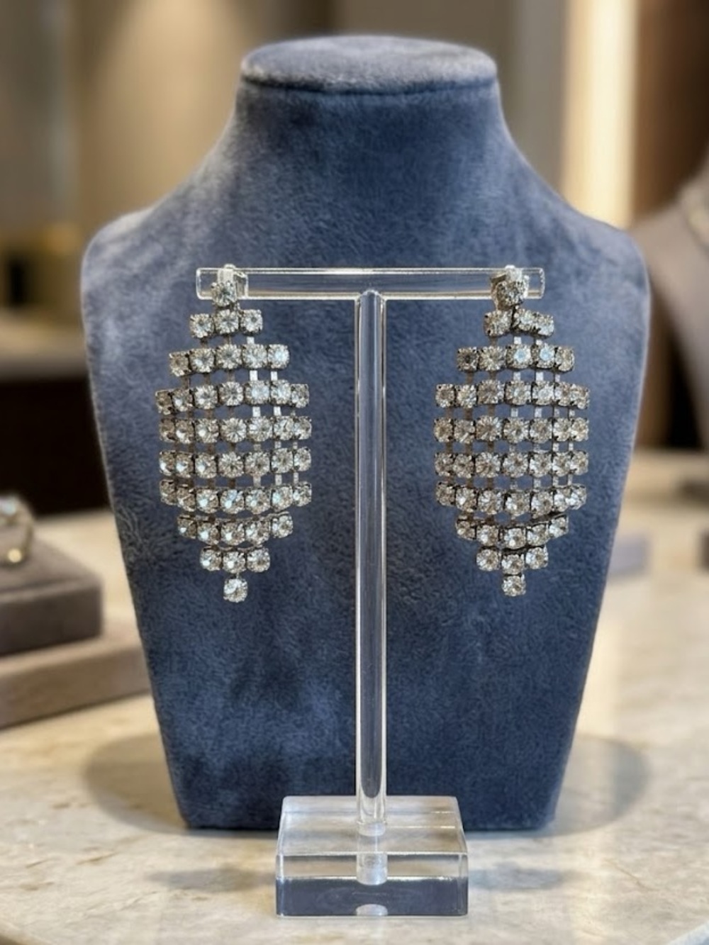 Vintage Silver tone Rhinestone Drop Statement Earrings